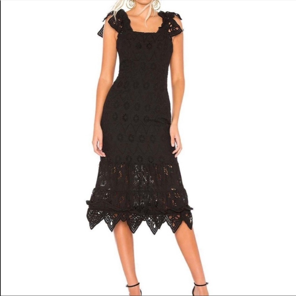 Shona Joy Viola Cocktail Midi Dress Black Size 2 Eyelet Lace Ruffle Sleeveless